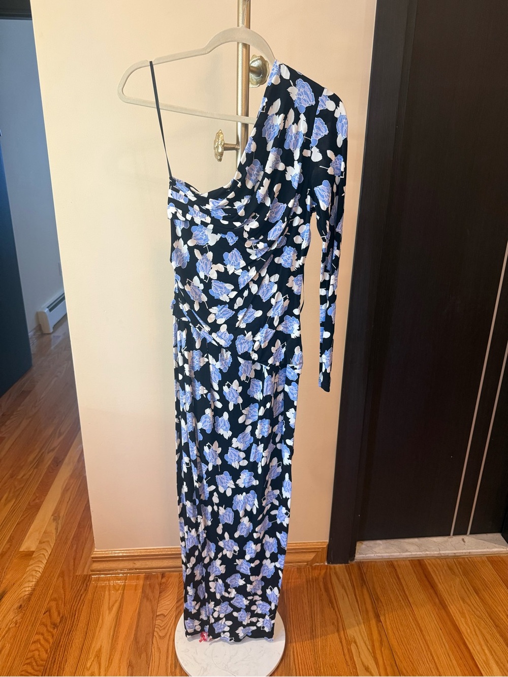 Diane Von Furstenberg One-Shoulder Black Dress with Blue & White Floral Print